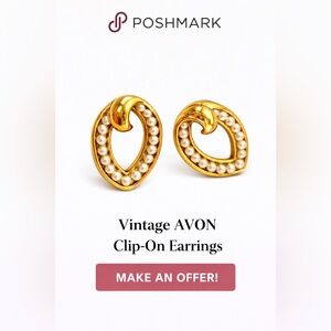 Avon Gold-Tone Faux Pearl Heart Swirl Clip Earrings with box